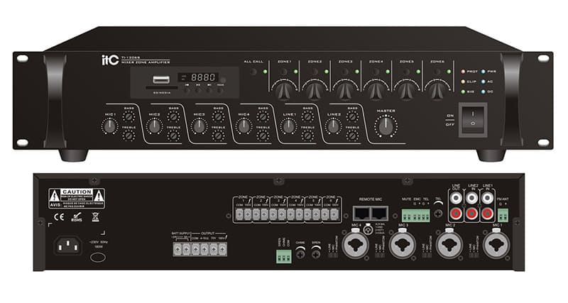 Amply ITC TI-1206S hỗ trợ chức năng bộ nhớ tắt nguồn và chức năng ghi âm MIC